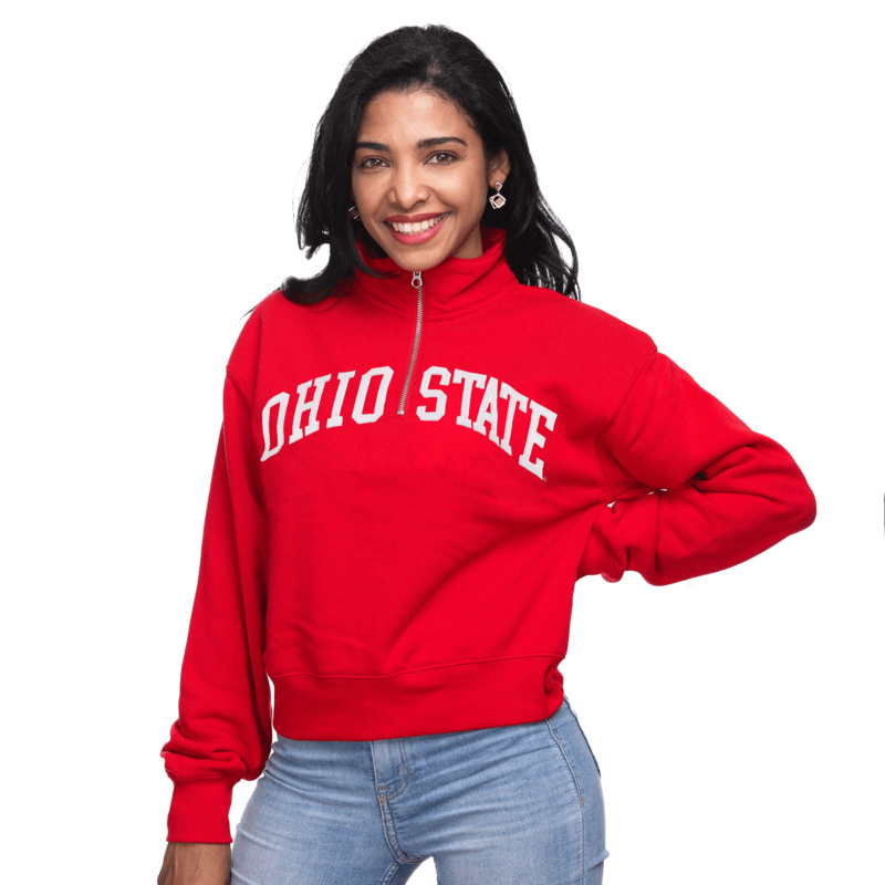 model wearing red half zip pullover for ohio state
