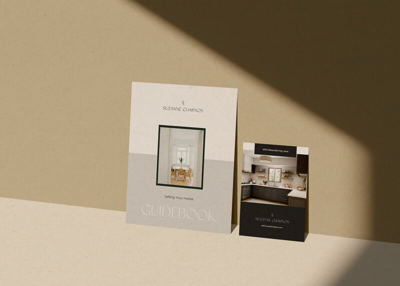 Print mockups of Suzanne Charnos real estate marketing collateral