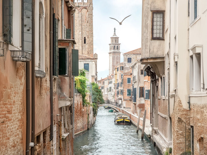 A narrow canal in Venice lined with aged buildings has a gondola moored on the right. A bell tower rises in the background, and a seagull flies overhead in the blue sky.