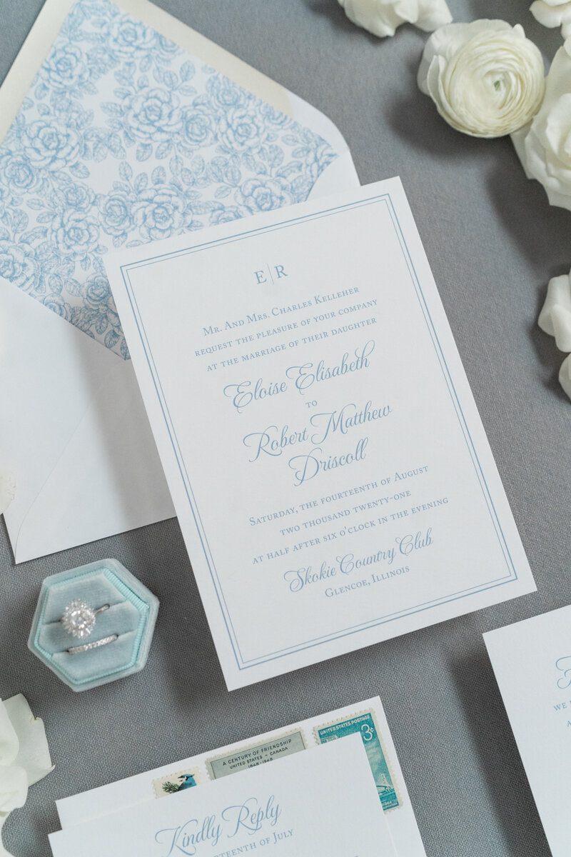 Classic Blue Semi-Custom Wedding Invitation with Monogram and Floral Envelope Liner