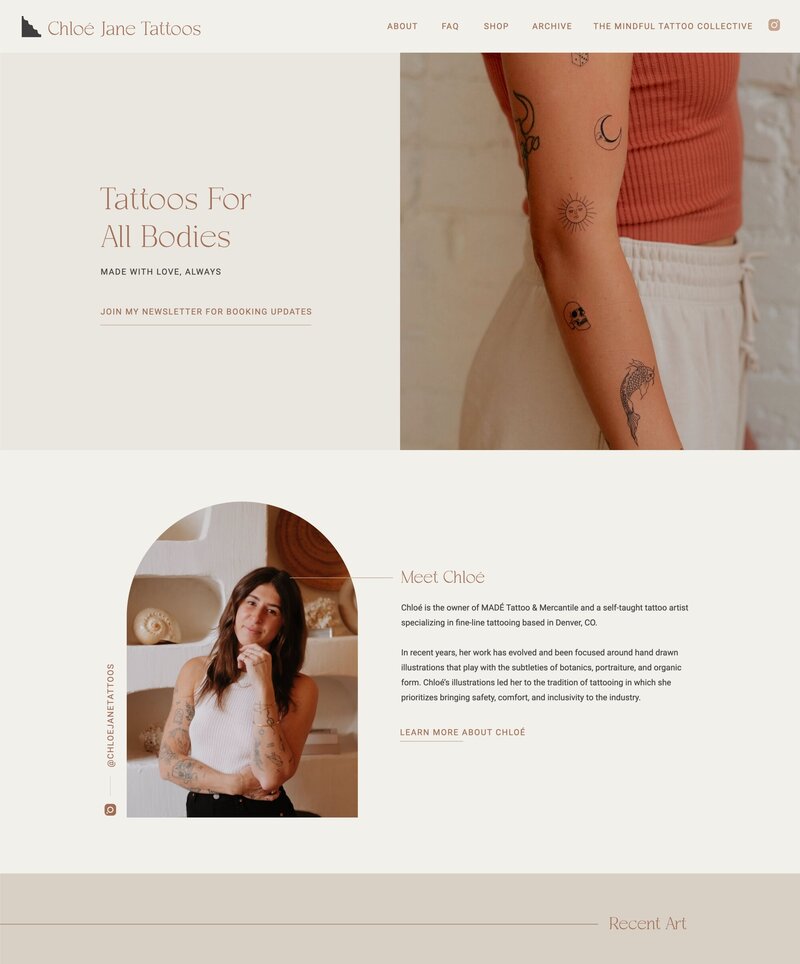 Screenshot of a tattoo artist website