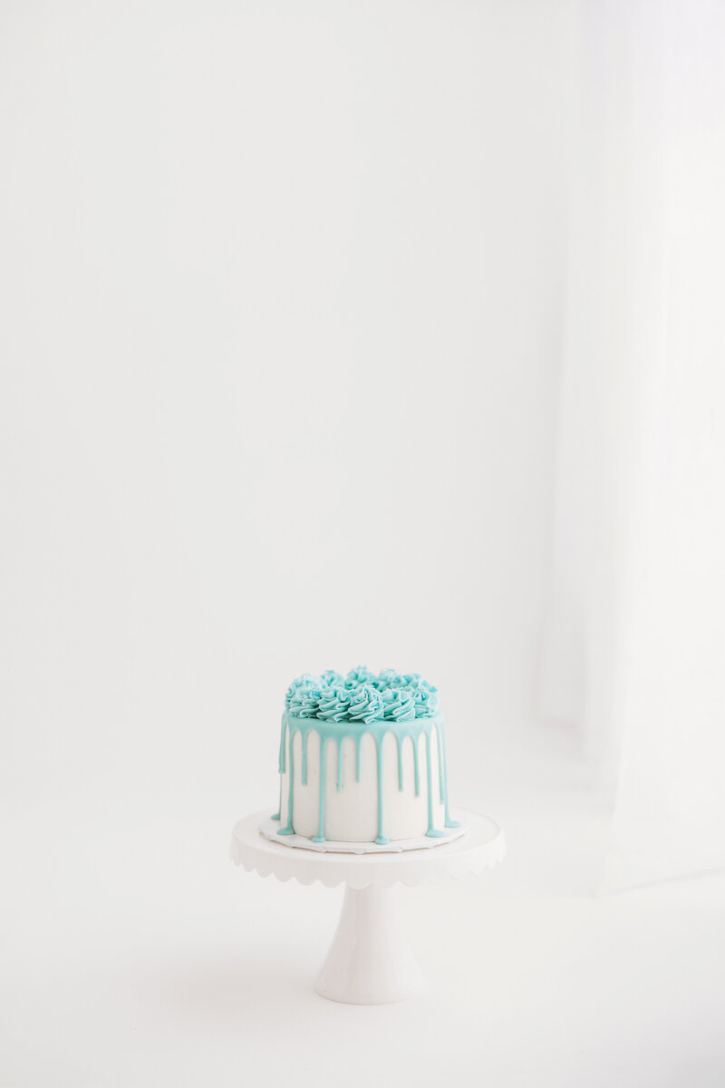 phoenix cake smash photographer white cake on white backdrop with blue frosting