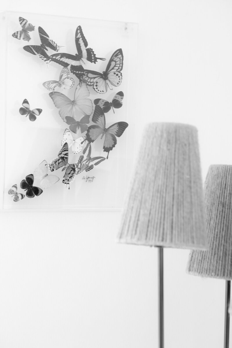 Calming photo, lamp in therapy space, butterflies on the wall