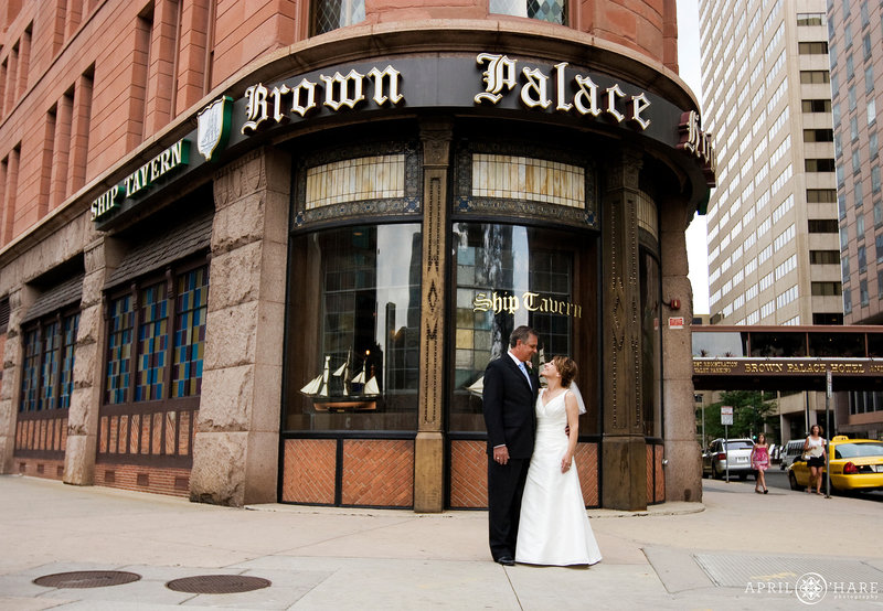 Cute Wedding Portrait outside of the Brown Palace Hotel in Denver Colorado