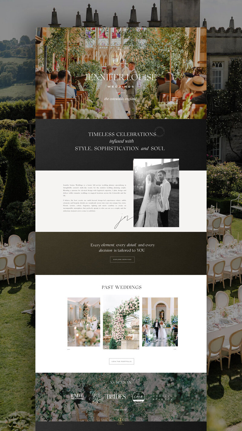 Full homepage layout mockup of the Showit website for Jennifer Louise Weddings