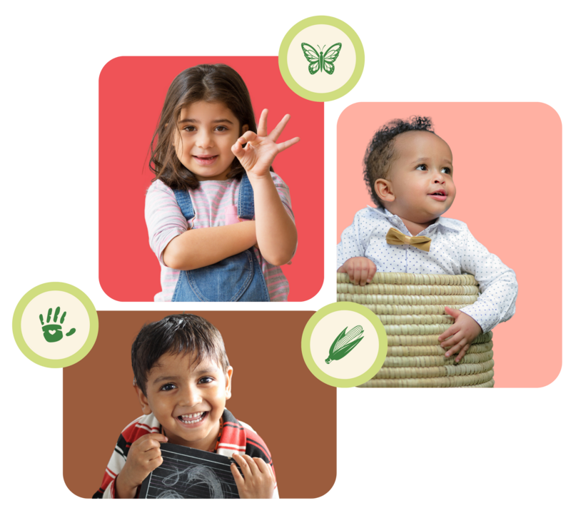 Happy children of different ages and cultures at Bella Gardens, a nonprofit preschool providing early childhood education in East Dallas, TX, surrounded by icons representing the school’s core values.