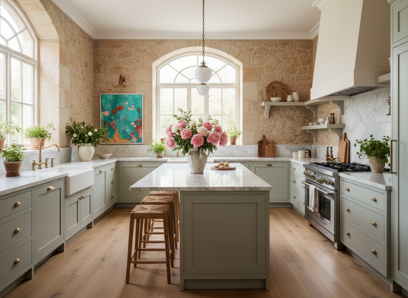 Firefly_Gemini Flash_An elevated, European-inspired kitchen with soft natural light and a warm, organic pa 908516