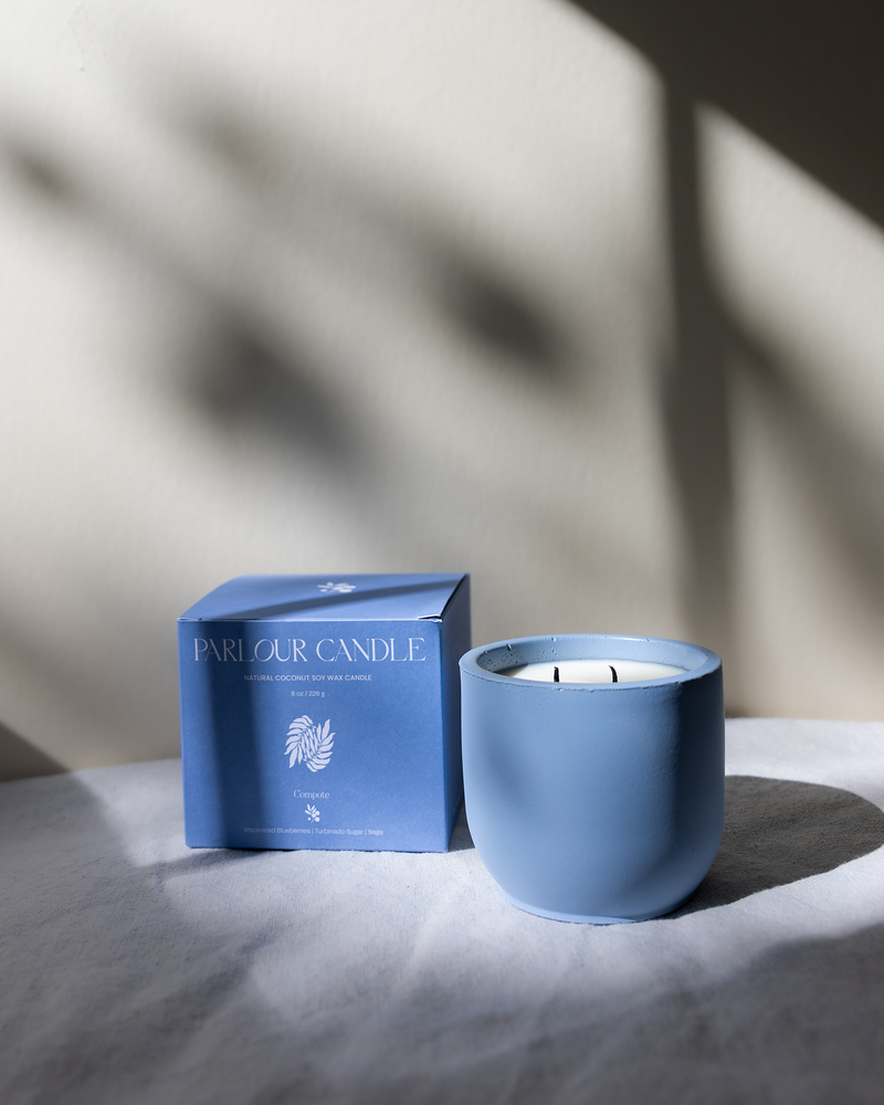 Parlour Candle is a handcrafted candle and home decor line created in a 100-year-old studio space. Project showcase featuring refreshed box packaging design and color & icon development for the scent collection – Compote and Verte.