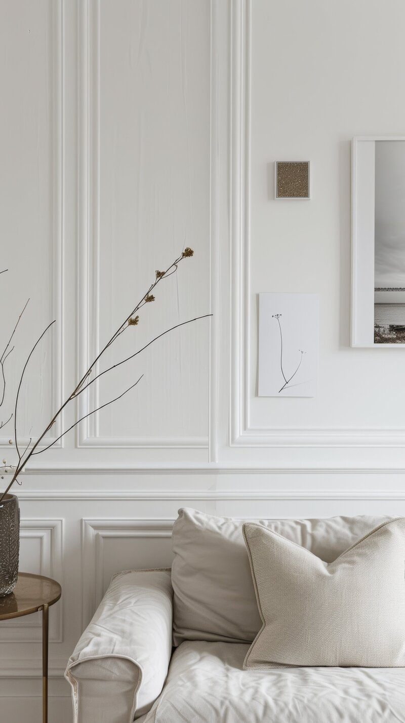 Picture of a neutral colored couch in a living room. The top left of the couch is in the bottom of the picture. The wall behind the couch is neutral colored with wall moulding trim.
