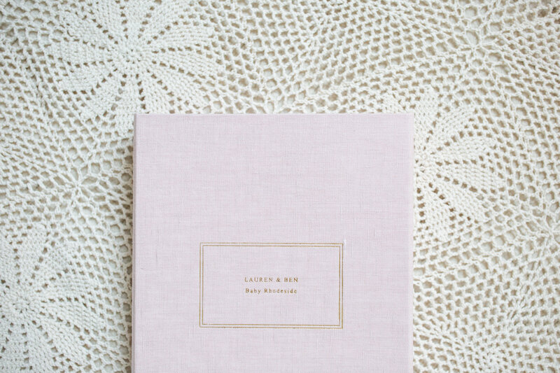 Pink linen fine art album box with gold engraving