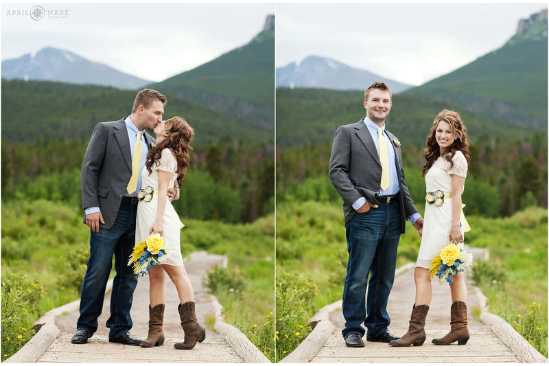 Romantic wedding elopement at Lily Lake with mountain views from the path