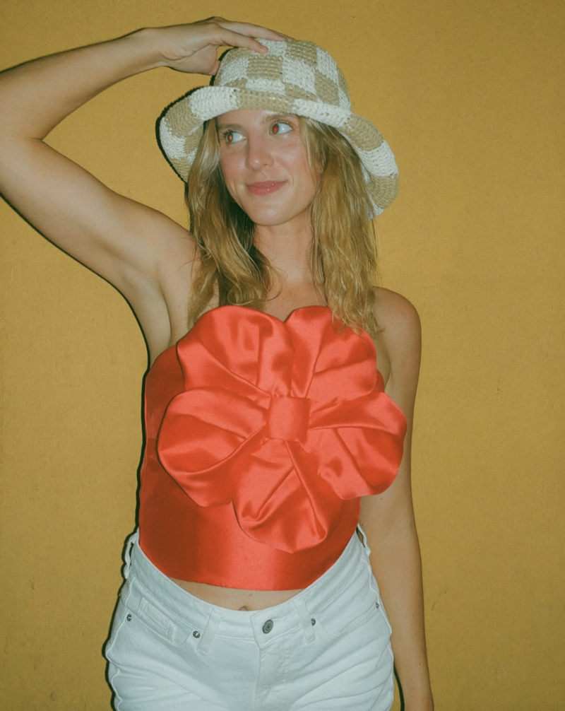 Erin with floral shirt in camera