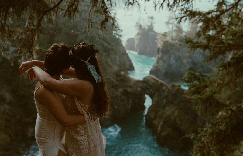 lgbtq couple overlooking the mountains and water at their oregon elopement