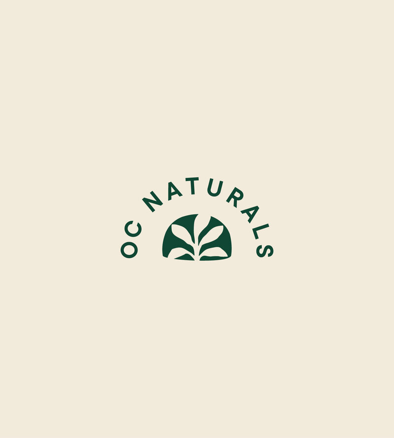 Dark green submark reading OC Naturals arched around  icon of plant cutout on beige background