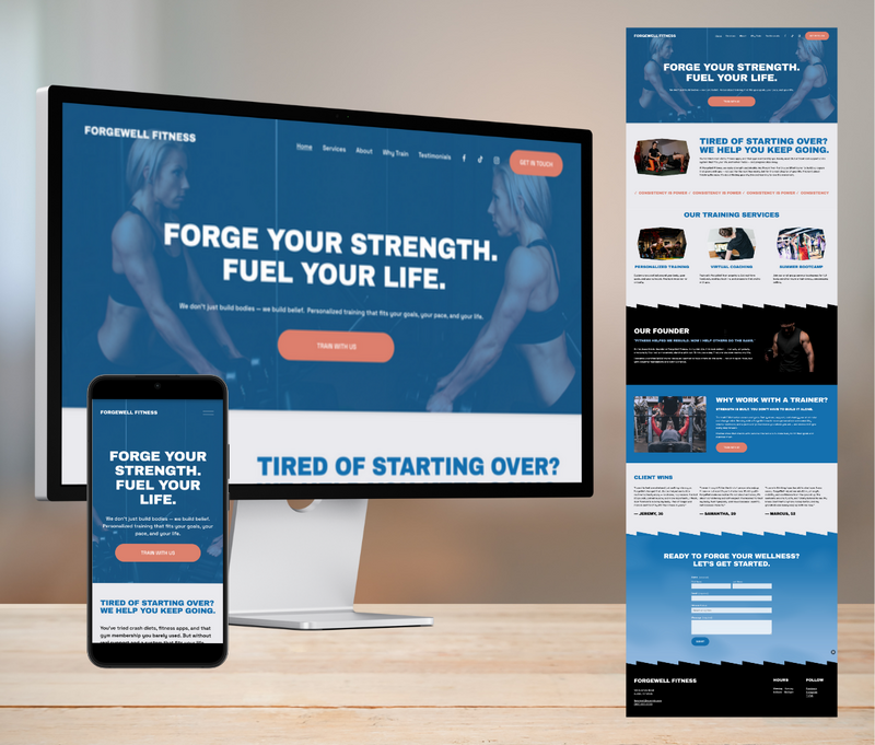 Mockup of a one-page fitness website for a wellness brand, shown in desktop and mobile views with a full homepage preview