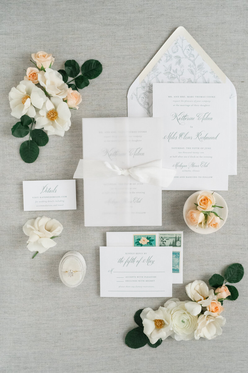 Sage Green Semi-Custom Wedding Invitation with Vellum and Silk Ribbon