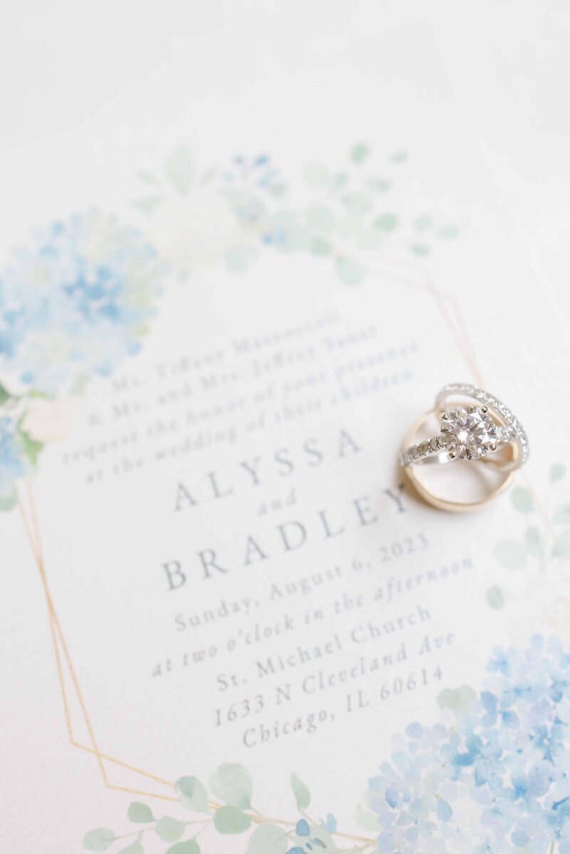 Detail photo of wedding rings and invitation.