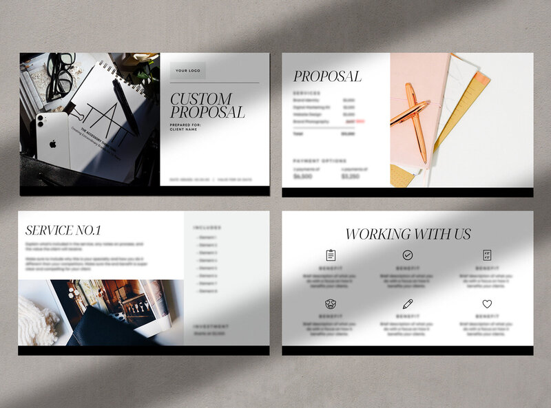 This modern, sophisticated proposal template is a series of 20 strategically-designed layouts that makes it simple to deliver all the information needed to land that next job.  Perfect for freelancers, creatives, designers, marketers, coaches, and consultants.