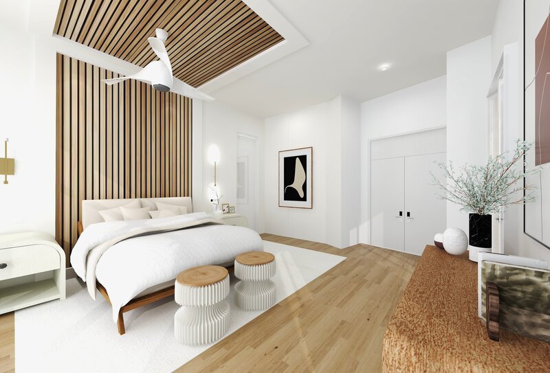 Luxury Primary Suite, all white with natural wood accents. Design by Gracious Home Interiors.