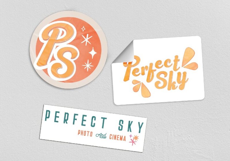 Mockup of 3 sticker shapes for Perfect Sky Films brand
