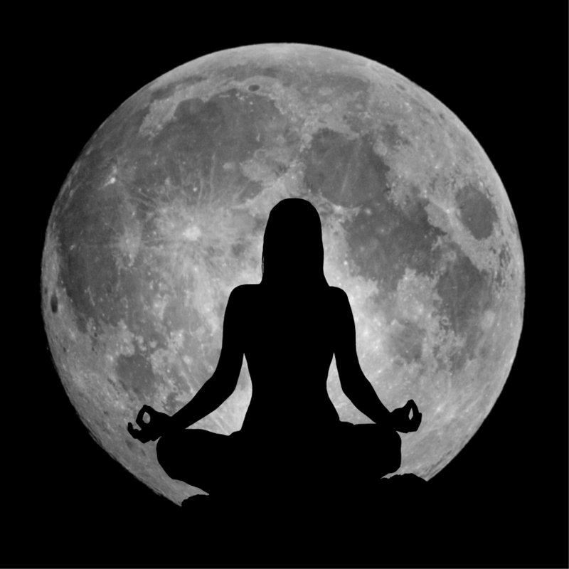 A black silhouette of a woman  sitting cross legged in front of the moon