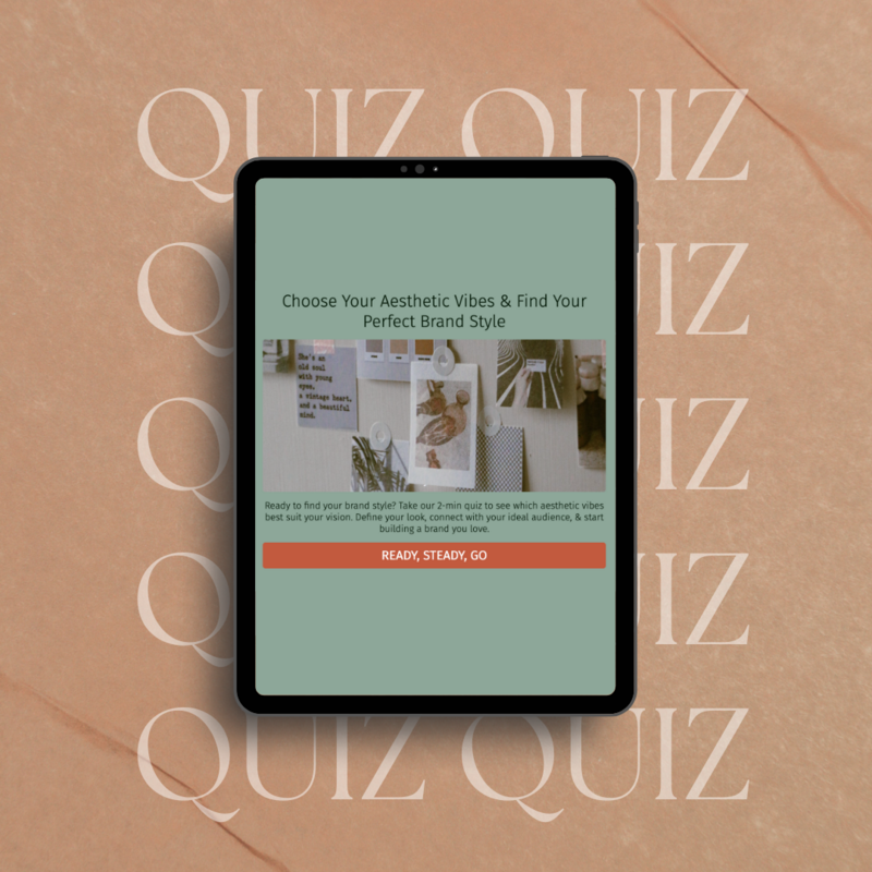 A tablet mockup with a brand style quiz interface, asking users to choose their aesthetic. The background features a large "QUIZ" text, styled with beige textures and minimalist design elements.