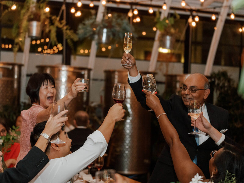 Wedding guests bring their glasses together to say cheers, representing the fun and celebratory nature of the bridal show.