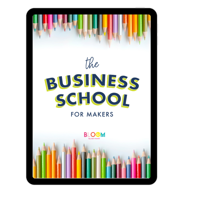 An ipad mockup with brightly colored pencils and the words The Business School for Makers - Bloom by bel monili