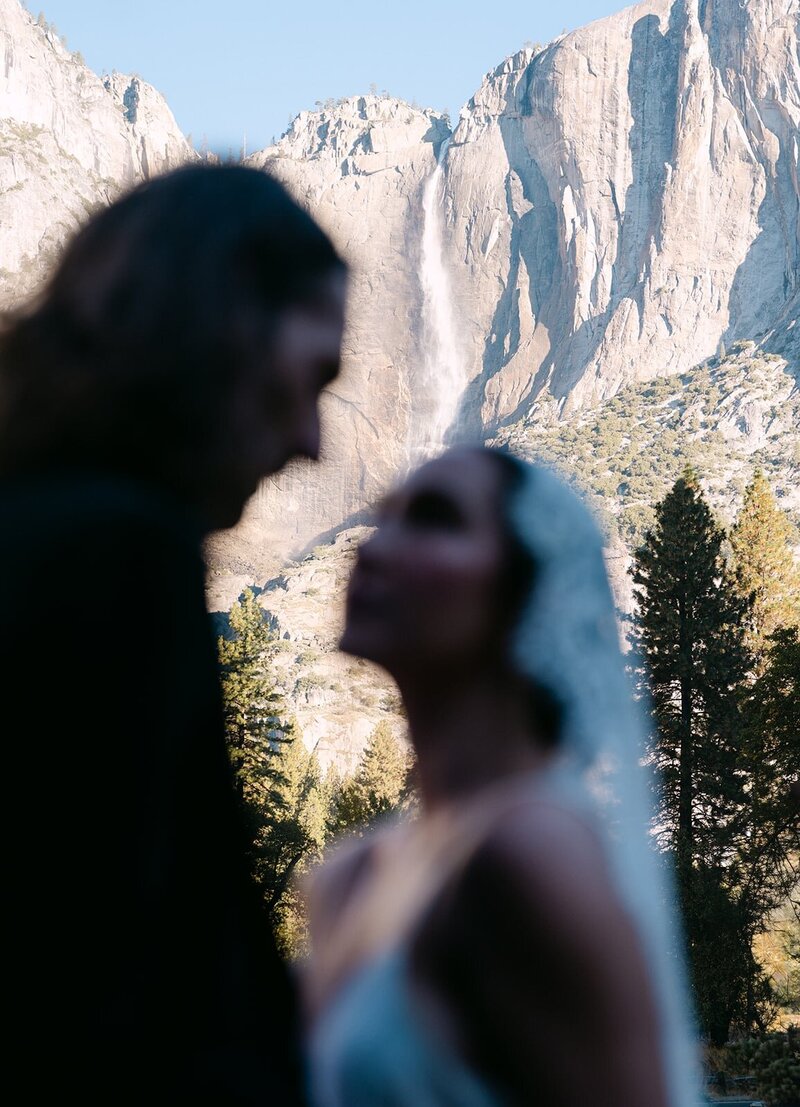 Bride and Groom with Yosemite Waterfall in the Background