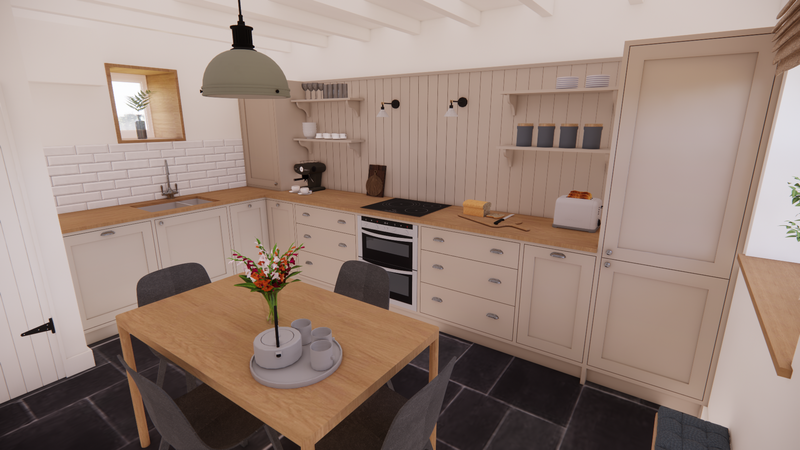 Visual showing kitchen interiors at Canton project designed by Hygge and Cwtch
