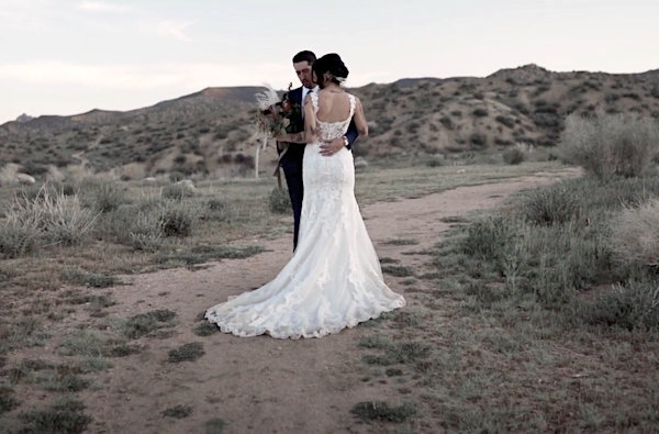 Bride and Groom pose at Wedding in Joshua Tree at Rimrock Ranch