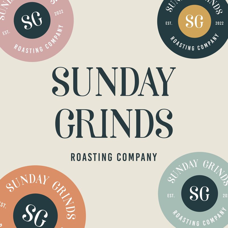 Sunday Grinds branding shown on a coffee cup held by a woman