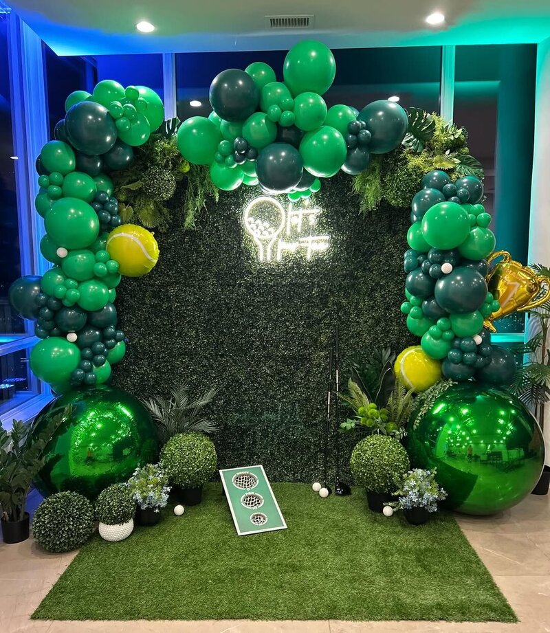 Let's Partee themed birthday party decor - balloons and custom backdrop by Sarahs Celebrations