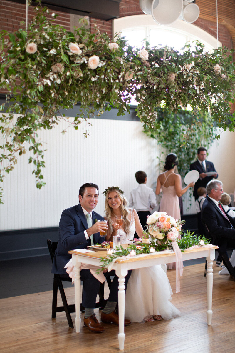 Bride and groom during the wedding reception at the Evergreen