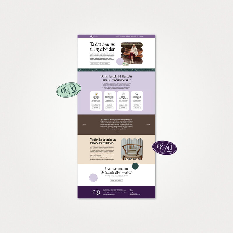 High-converting and personality-packed website design for a book editor. The web page is colorful with green, brown and purple as the main colors. 