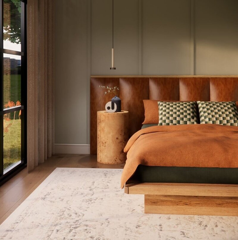 A warm bedroom utilising natural materials and recycled wood.
