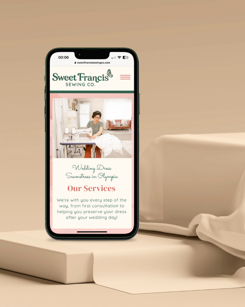 custom Showit website design for Sweet Francis Sewing Co, a bridal alteration in Olympia and Tumwater