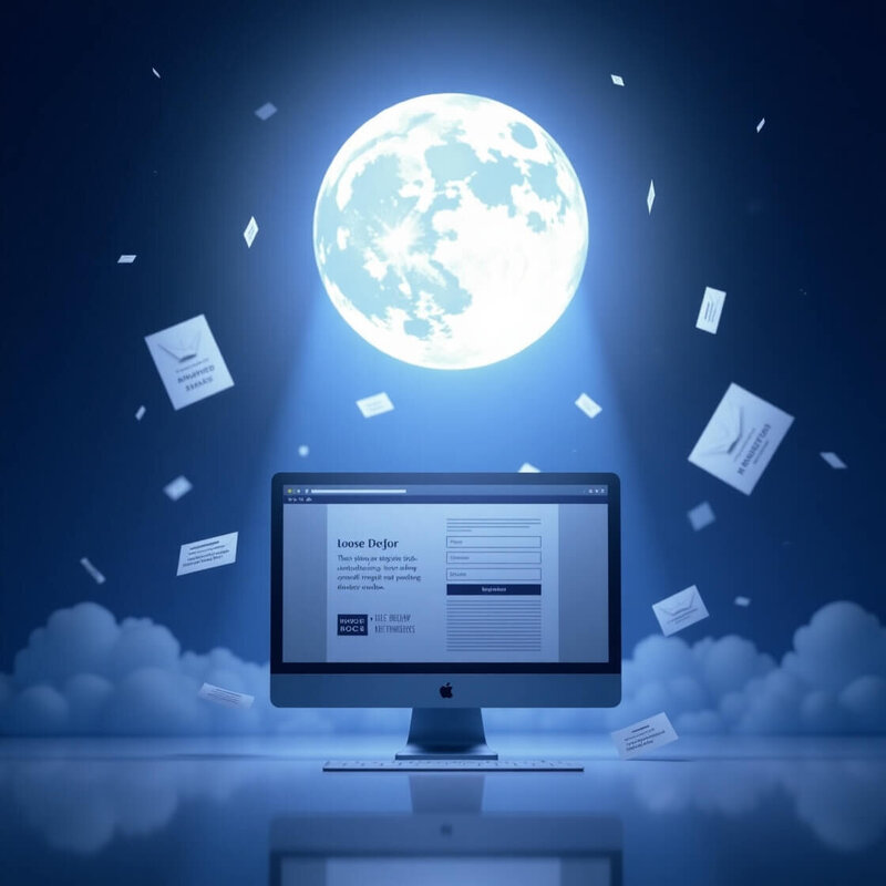 Ordinateur affichant une page d’emailing sous une grande lune lumineuse, avec des courriers flottants, illustrant le pack Emailing de Lili Créa Design à Saint-Nazaire