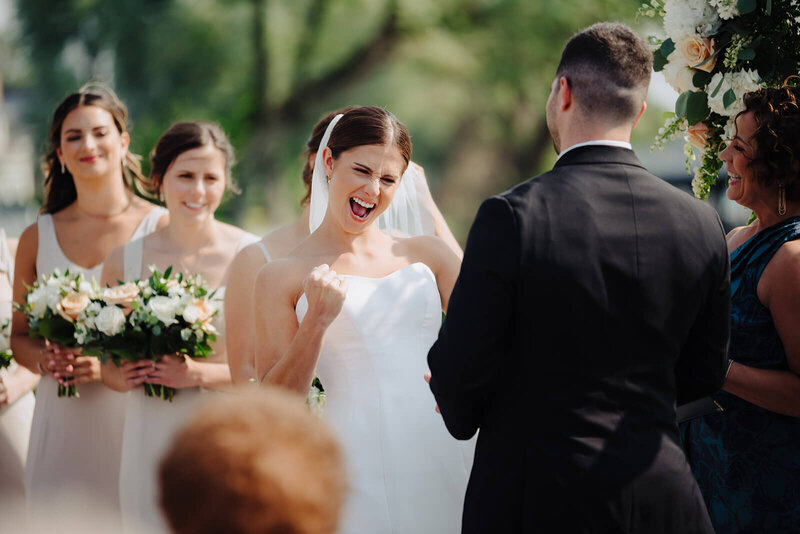 Bride looking happy at FInger Lakes wedding ceremony