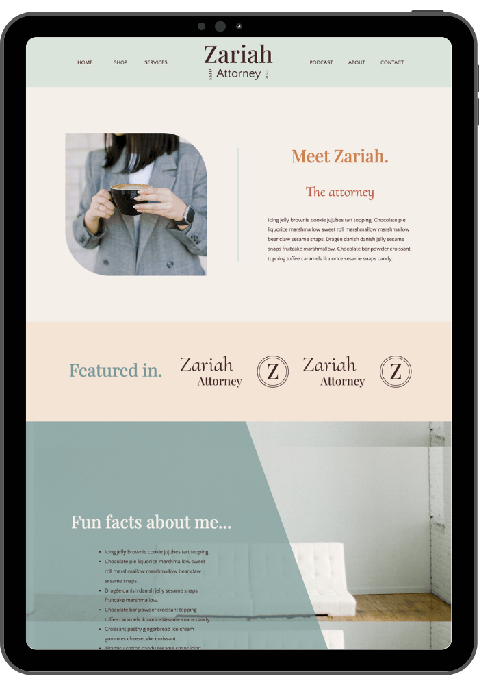 Zariah Showit template home page tablet view