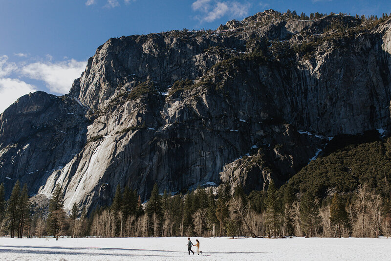bride and groom in yosemite in the meadows in the winter