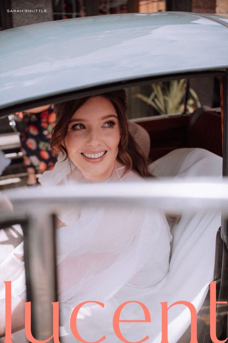 Coral wordmark for Lucent Hair & Makeup overlaying a bride’s portrait, capturing the fresh, modern warmth of the brand.