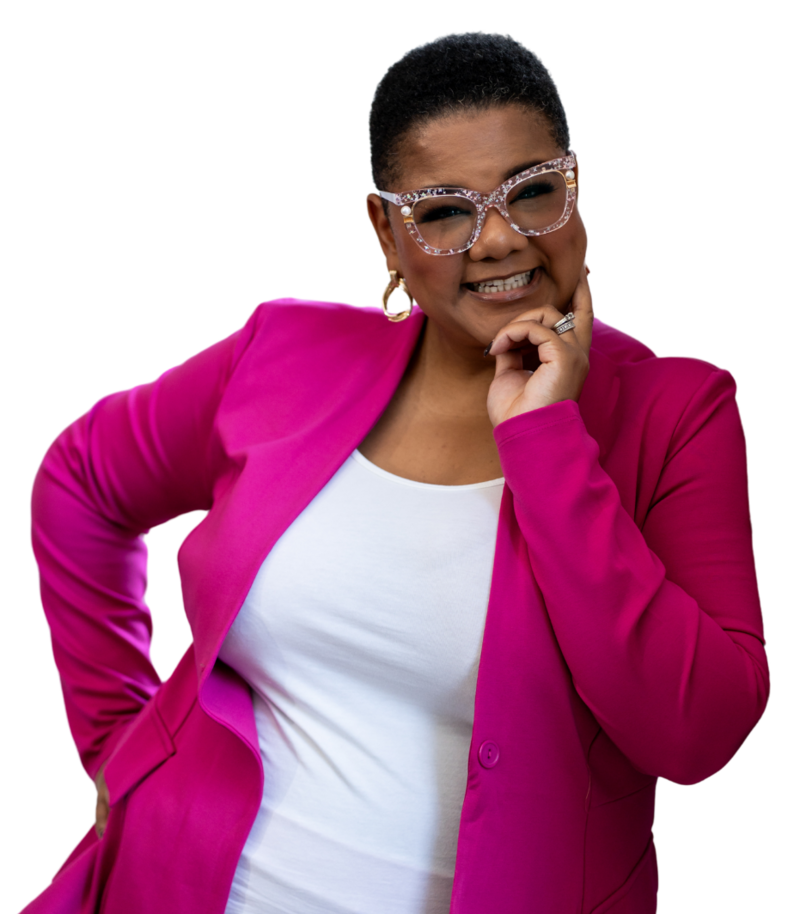 A joyful professional wearing a pink blazer, embodying the theme of overcoming burnout and finding purpose at work, radiating positivity and confidence in a workplace setting.