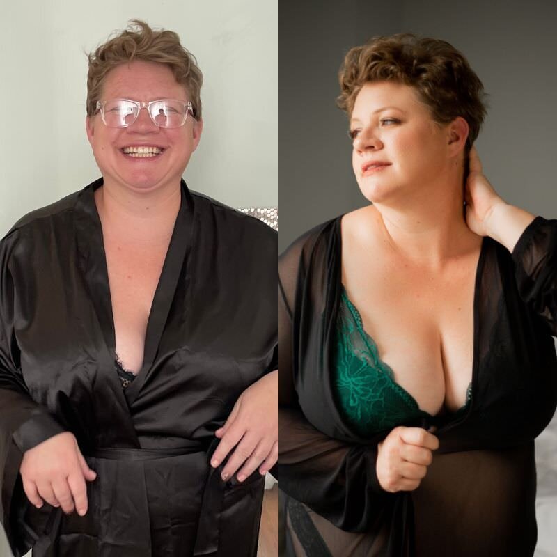Before & after images of a plus-size female with short hair getting her boudoir image taken
