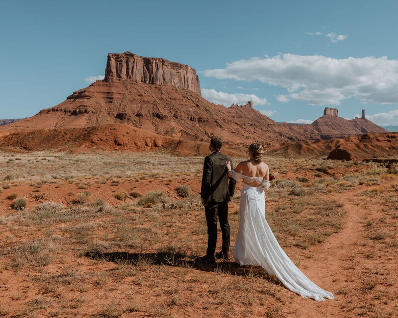 bride and groom standing in the desert
