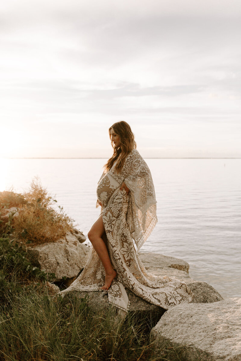 Pregnant Mom in Boho Gown for Maternity Photos