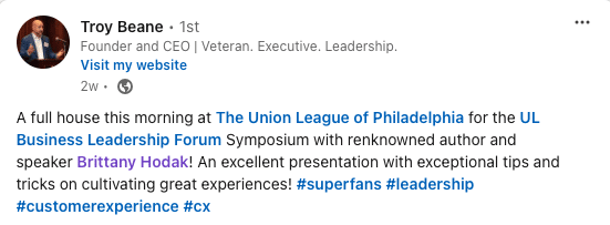 LinkedIn testimonial for customer experience speaker, Brittany Hodak. The testimonial is from an attendee who saw Brittany speak at a Union League of Philadelphia event in 2024.