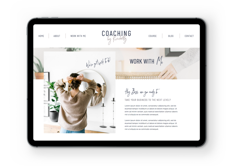 kimberly showit website template for coaches and course creators, about page mocked up on an ipad