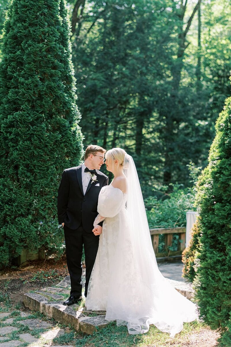a bride looks over the blue ridge mountains at the swag in waynesville with asheville wedding photographer looking on