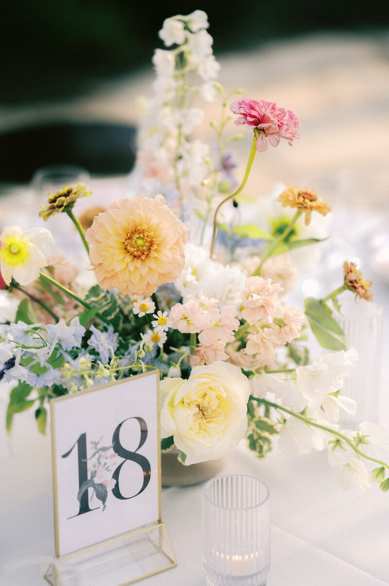 spring floral centerpiece by caroline james florals at ladybird johnson wildflower center by austin wedding photographer